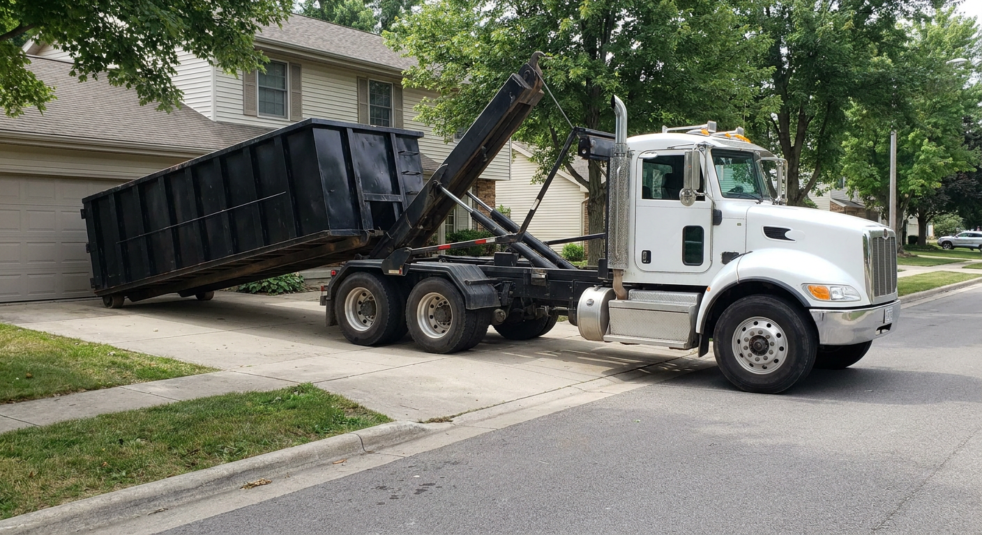 White-cab hooklift roll-off truck actively lowering a matte-black dumpster onto a Calabasas residential concrete driveway, the dumpster's rear wheels touching the driveway as the hoist arm tilts the bed forward, mid-morning daylight.