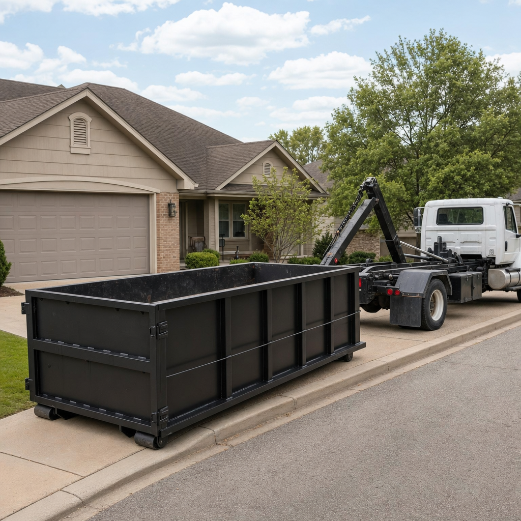 Wide documentary shot of a matte-black roll-off dumpster on a Calabasas residential driveway in the foreground and a contractor jobsite container in the soft-focus background, bright daylight, calm and orderly composition.